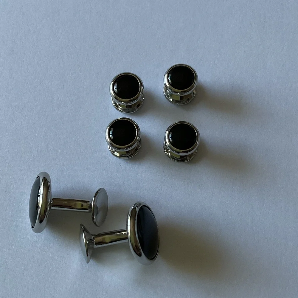 DAVID DONAHUE WHITE BRASS AND BLACK ONYX CUFF LINKS AND SHIRT STUD SET NEW